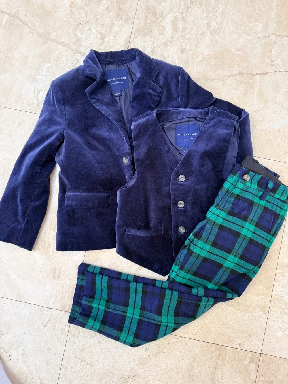 Janie and Jack suit set (4 pcs)Navy Velvet Blazer, Vest & Green Plaid Pants Set